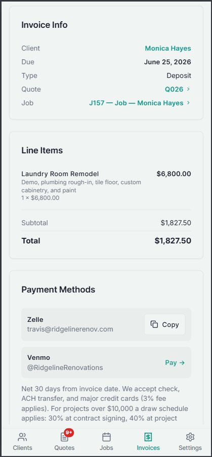 Client signs the quote, deposit invoice fires. You get paid before the work starts.