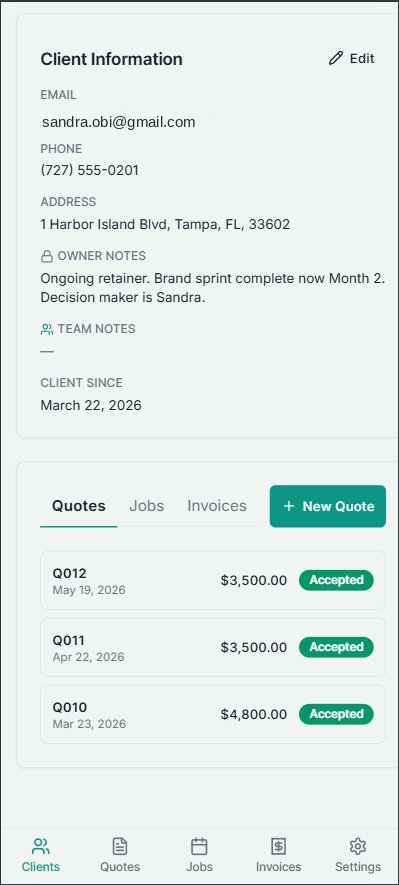 Every client's full history in one tap. Quotes, jobs, and invoices — all connected.