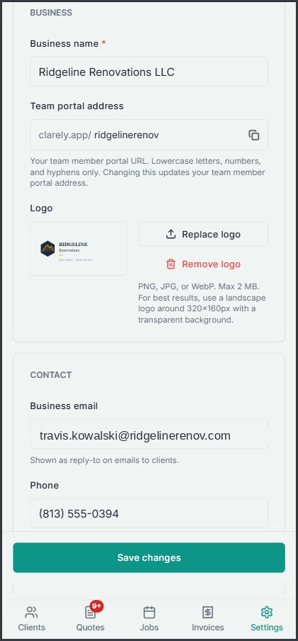 Your business on your terms. Logo, license number, and payment handles — set once, applied everywhere.