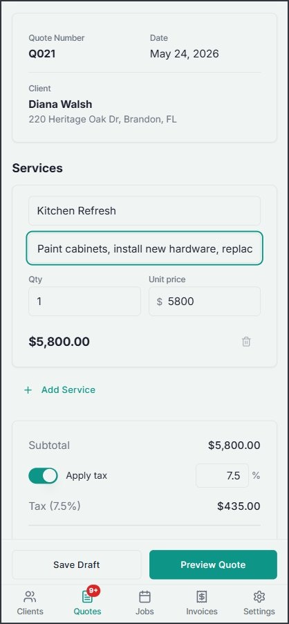 Clarely app showing quote builder with line items and totals