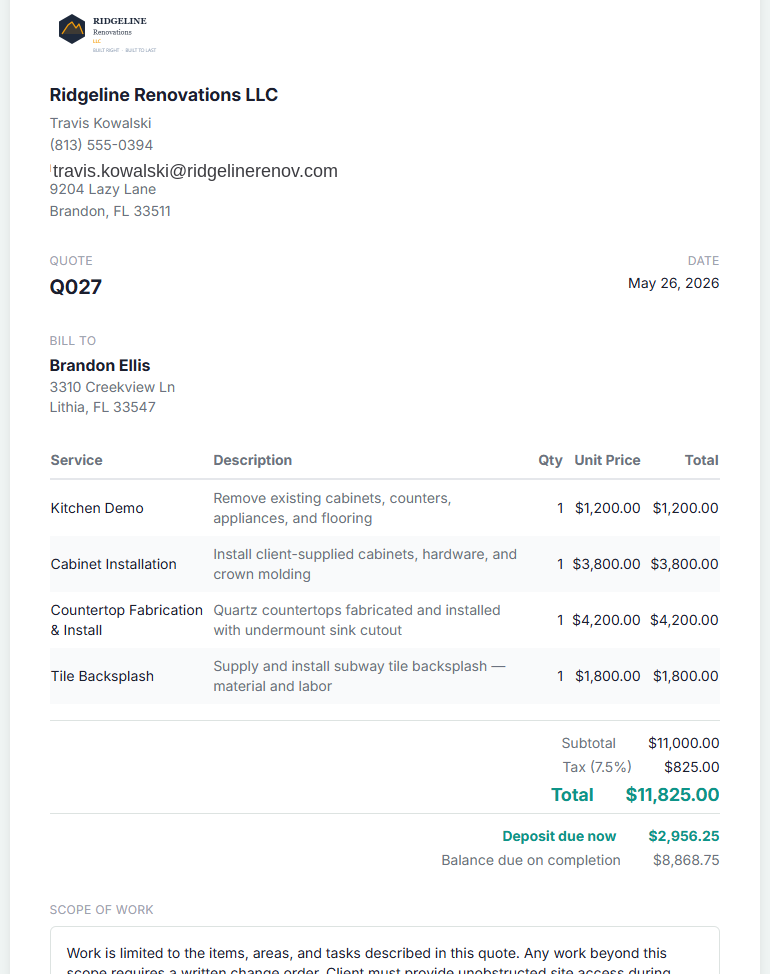 Client-facing quote preview with business branding and teal total