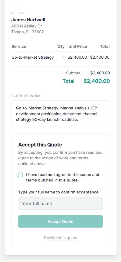 Quote acceptance screen with checkbox confirmation and typed signature